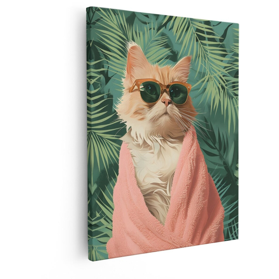 Artaza Canvas Schilderij Schattige Kat met Zonnebril en Roze Handdoek in Tropische Jungle - 80x100 cm - Groot - Wanddecoratie Woonkamer - Schilderijen - Muurdecoratie Artaza Canvas Schilderij Schattige Kat met Zonnebril en Roze Handdoek in Tropische Jungle - 80x100 cm - Groot - Wanddecoratie Woonkamer - Schilderijen - Muurdecoratie afbeelding 1