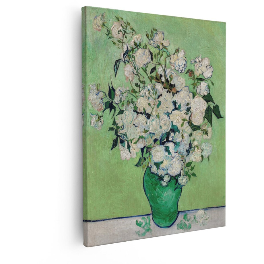 Artaza Canvas Schilderij Vincent van Gogh'S Witte Rozen in een Groene Vaas - een Iconisch Bloemstilleven - 80x100 cm - Groot - Wanddecoratie Woonkamer - Schilderijen - Muurdecoratie afbeelding 1