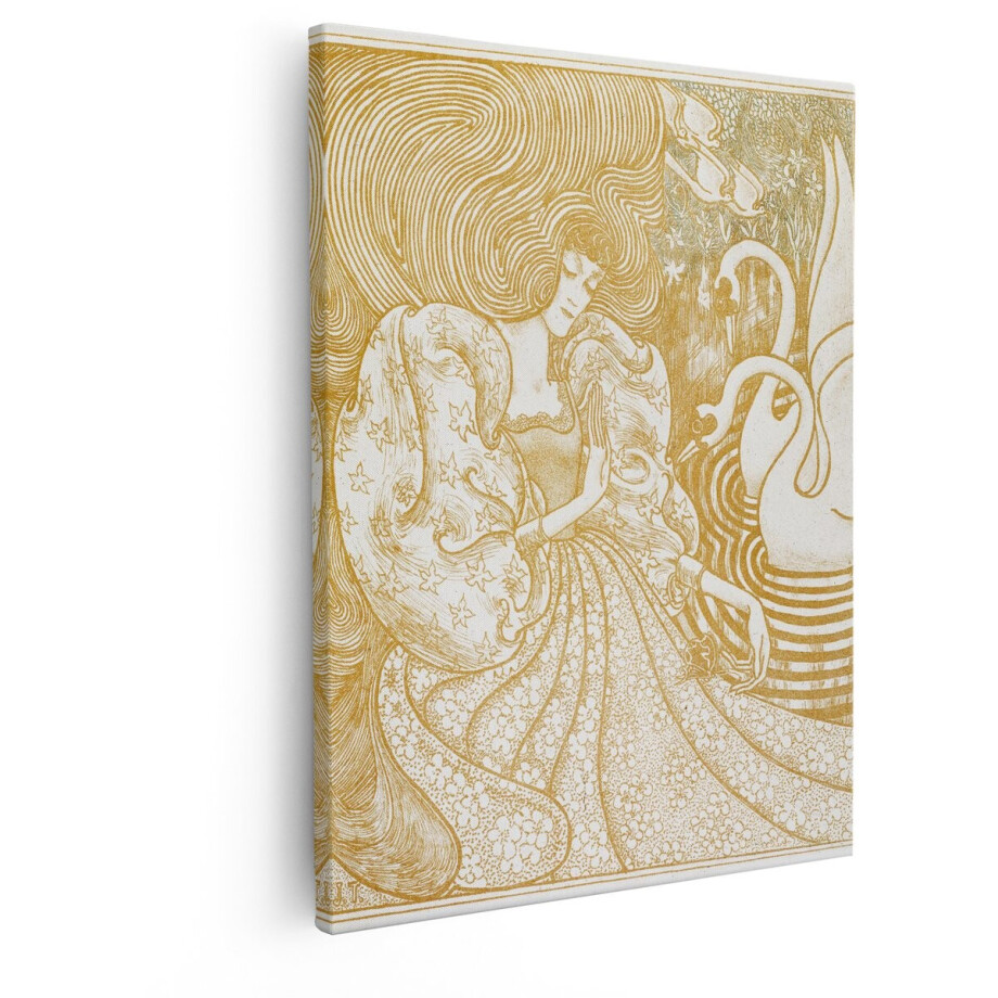 Artaza Canvas Schilderij Art Nouveau Vrouw met Zwanen en Bloemen in Gouden Lijntekening - 80x100 cm - Groot - Wanddecoratie Woonkamer - Schilderijen - Muurdecoratie afbeelding 1