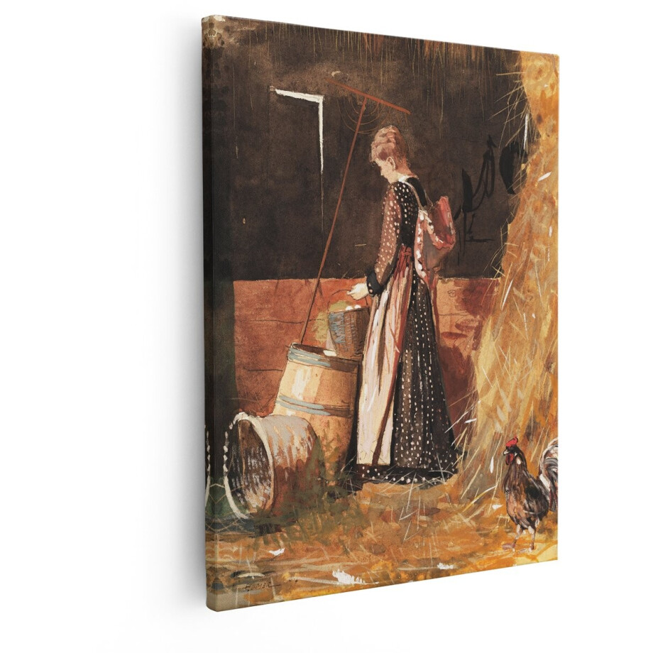 Artaza Canvas Schilderij Boerendochter Verzamelt Eieren in Schuur met Kip en Stro - 80x100 cm - Groot - Wanddecoratie Woonkamer - Schilderijen - Muurdecoratie afbeelding 1