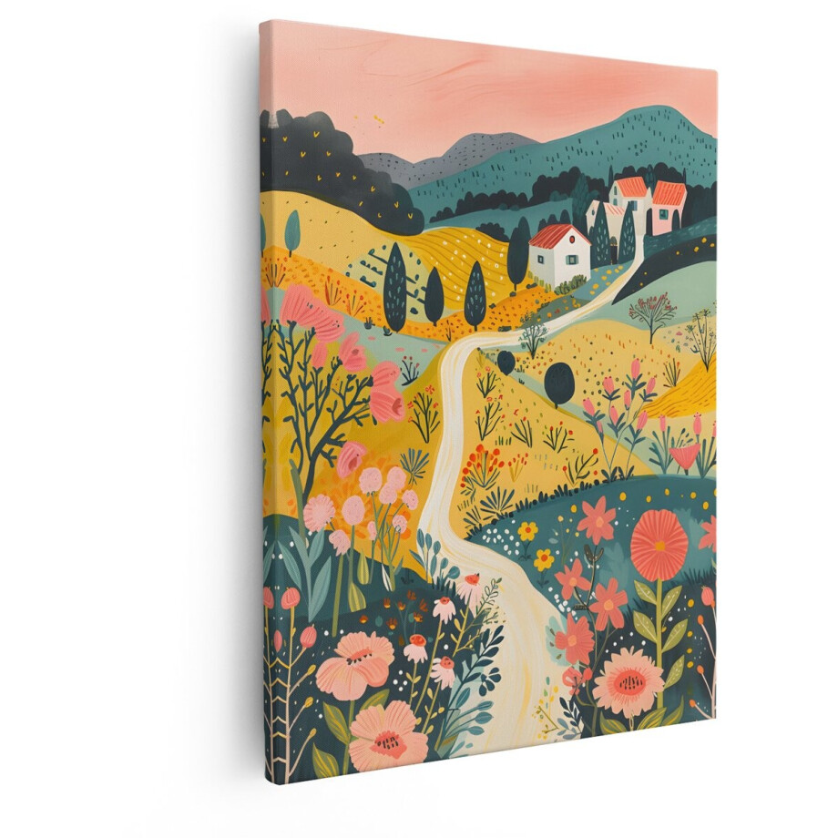 Artaza Canvas Schilderij Schilderachtig Italiaans Platteland met Bloeiende Bloemen en Boerderijen - 40x50 cm - Wanddecoratie Woonkamer - Schilderijen - Muurdecoratie afbeelding 1