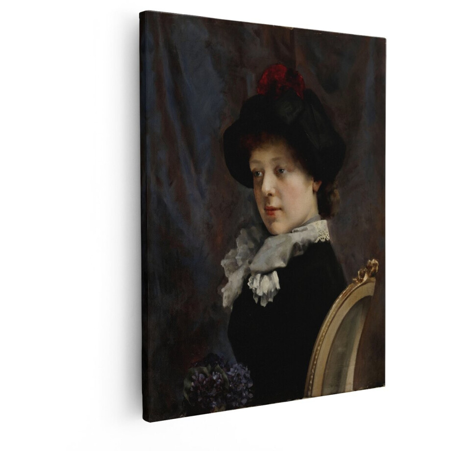 Artaza Canvas Schilderij Portret van een Jonge Vrouw in Victoriaanse Kledij met Hoed en Ruche Kraag - 40x50 cm - Wanddecoratie Woonkamer - Schilderijen - Muurdecoratie afbeelding 1