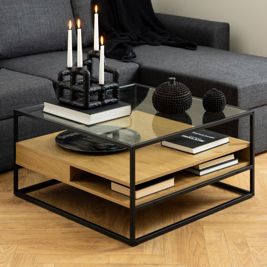 Bendt Salontafel 'Maikel' Eiken en glas, 80 x 80cm afbeelding 1