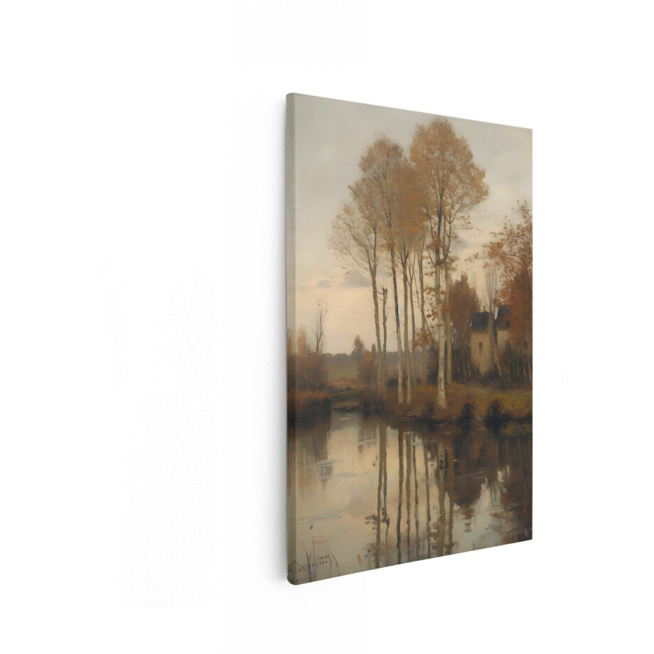 Artaza Canvas Schilderij Schilderij van een Herfstlandschap met Bomen langs een Rivier en een Huis - 80x120 cm - Groot - Wanddecoratie Woonkamer - Schilderijen - Muurdecoratie afbeelding 1