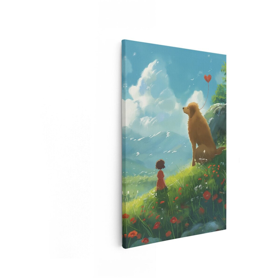 Artaza Canvas Schilderij Meisje Met Hond - 40x60 cm - Wanddecoratie Kinderkamer - Muurdecoratie Landschap - Decoratie Klaprozen afbeelding 1