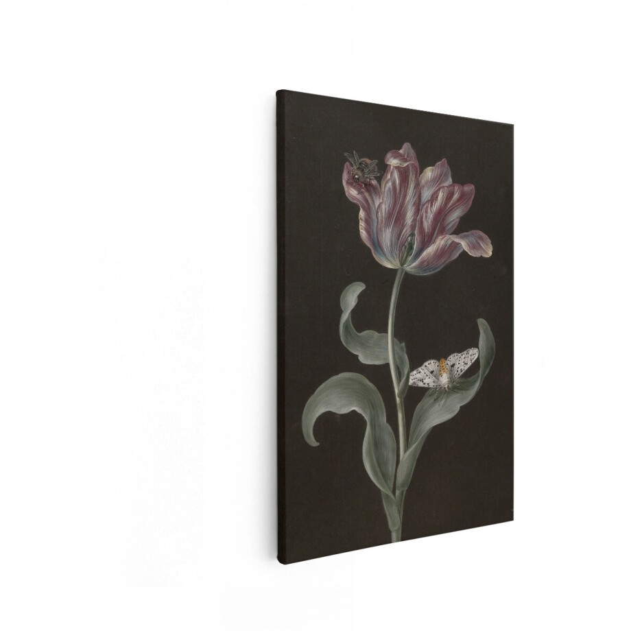 Artaza Canvas Schilderij Gedetailleerde Schildering van een Gebroken Tulp met Insecten op een Donkere Achtergrond - 80x120 cm - Groot - Wanddecoratie Woonkamer - Schilderijen - Muurdecoratie afbeelding 1