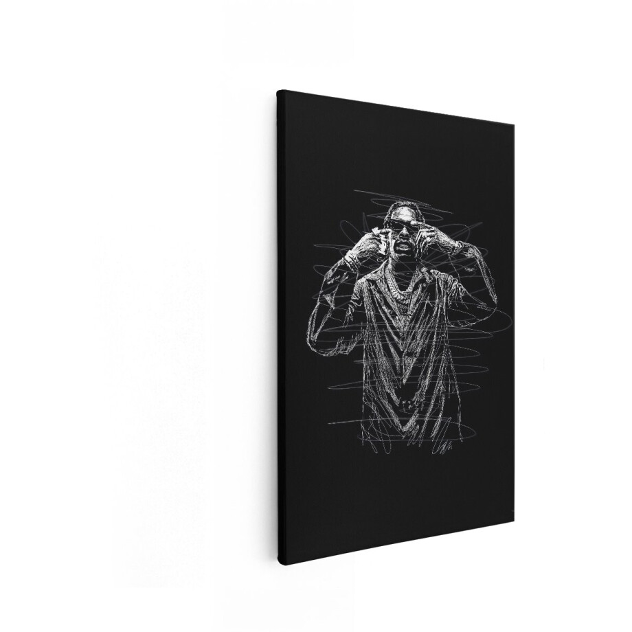 Artaza Canvas Schilderij Rapper - 80x120 cm - Wanddecoratie Line Art - Muurdecoratie Zwart Wit - Decoratie Muziek - Schilderijen Op Canvas afbeelding 1