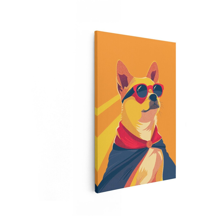 Artaza Canvas Schilderij Coole Hond met Zonnebril en Cape - Pop-Art Stijl - Oranje Achtergrond - 20x30 cm - Klein - Wanddecoratie Woonkamer - Schilderijen - Muurdecoratie afbeelding 1