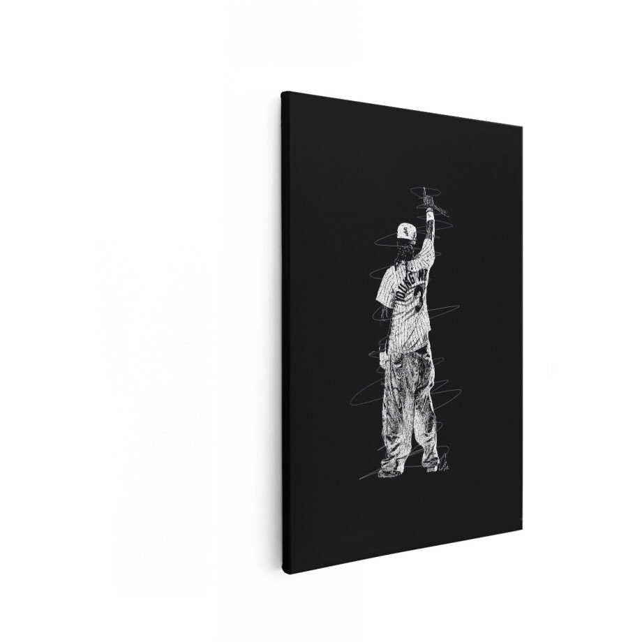 Artaza Canvas Schilderij Artistieke Schets van een Rapper met een Honkbalpet en Pinstripe Shirt - 60x90 cm - Wanddecoratie Woonkamer - Schilderijen - Muurdecoratie afbeelding 1