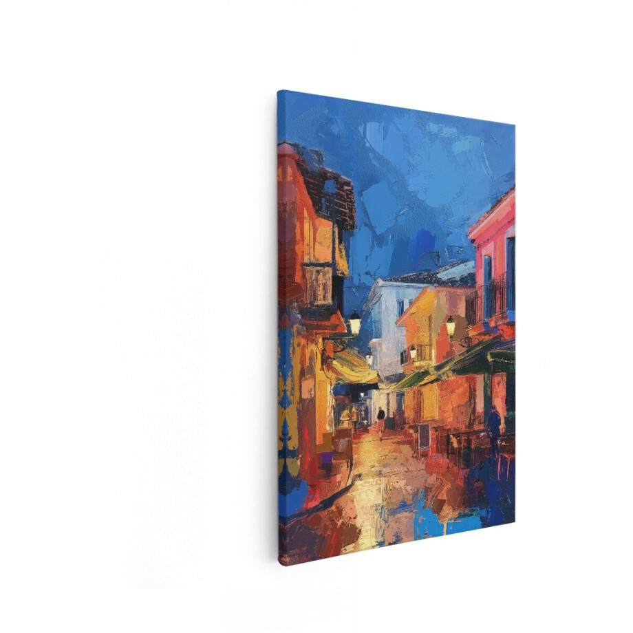 Artaza Canvas Schilderij Schilderachtige Straatscène bij Schemering met Levendige Kleuren en Reflecties - 60x90 cm - Wanddecoratie Woonkamer - Schilderijen - Muurdecoratie afbeelding 1