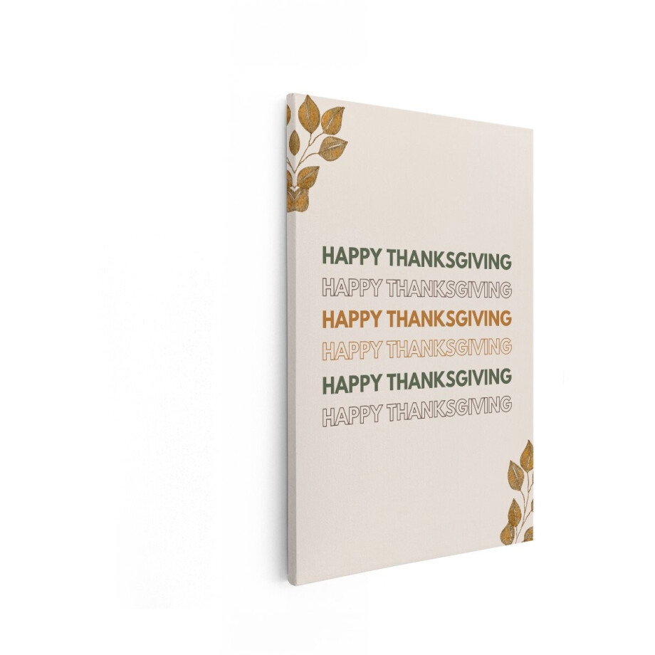 Artaza Canvas Schilderij Vrolijk Thanksgiving met Herfstbladeren en Herhalende Tekst - 20x30 cm - Klein - Wanddecoratie Woonkamer - Schilderijen - Muurdecoratie afbeelding 1