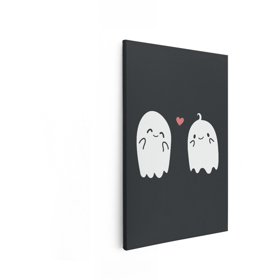 Artaza Canvas Schilderij Twee Schattige Geesten met een Hartje Ertussen - Eenvoudige Illustratie - 20x30 cm - Klein - Wanddecoratie Woonkamer - Schilderijen - Muurdecoratie afbeelding 1