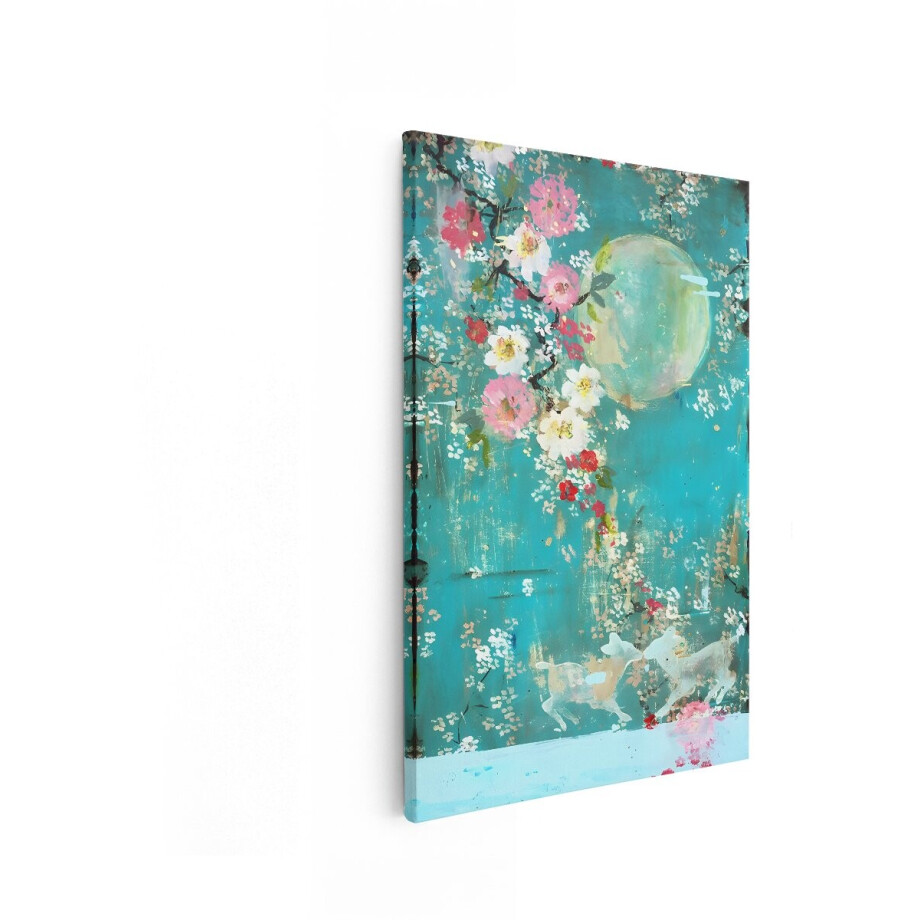 Artaza Canvas Schilderij Hert - 40x60 cm - Wanddecoratie Kersenbloesem - Muurdecoratie Maan - Decoratie Bloemen - Turquoise afbeelding 1