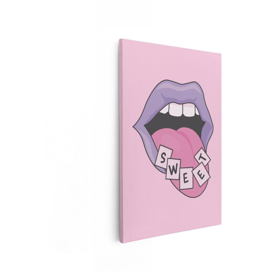 Artaza Canvas Schilderij Paarse Lippen met de Tong Uit en de Letters Sweet Erop - 20x30 cm - Klein - Wanddecoratie Woonkamer - Schilderijen - Muurdecoratie afbeelding 1
