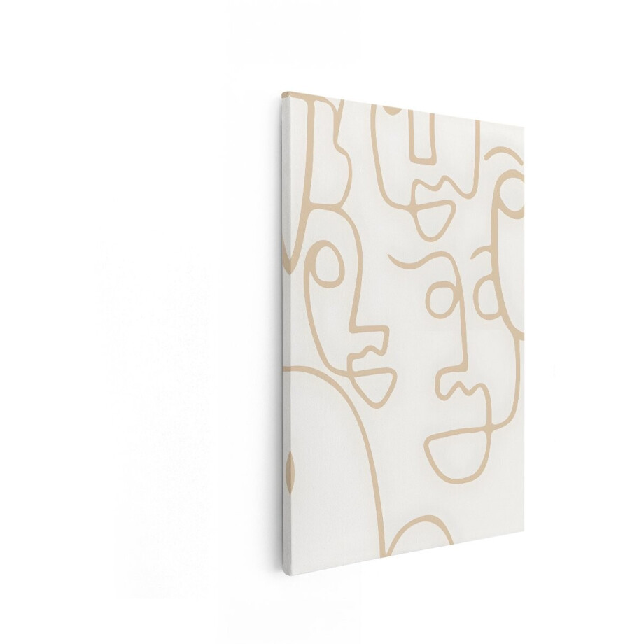 Artaza Canvas Schilderij Abstracte Gezichten in Beige Lijnkunst op een Witte Achtergrond - 80x120 cm - Groot - Wanddecoratie Woonkamer - Schilderijen - Muurdecoratie afbeelding 1