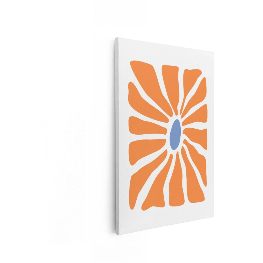 Artaza Canvas Schilderij Abstracte Oranje Bloem met Blauwe Kern - Moderne Minimalistische Kunst - 60x90 cm - Wanddecoratie Woonkamer - Schilderijen - Muurdecoratie afbeelding 1