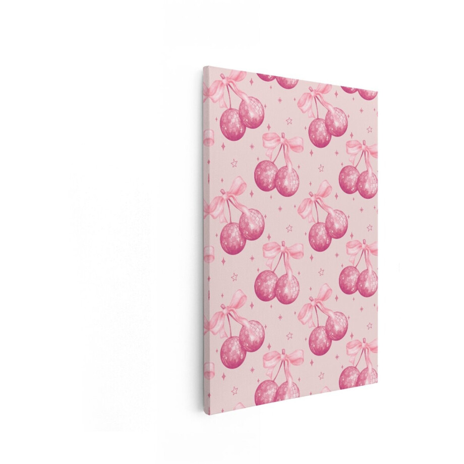 Artaza Canvas Schilderij Disco Kersen - 60x90 cm - Wanddecoratie Meisjeskamer - Muurdecoratie Roze Patroon - Decoratie Strikken afbeelding 1