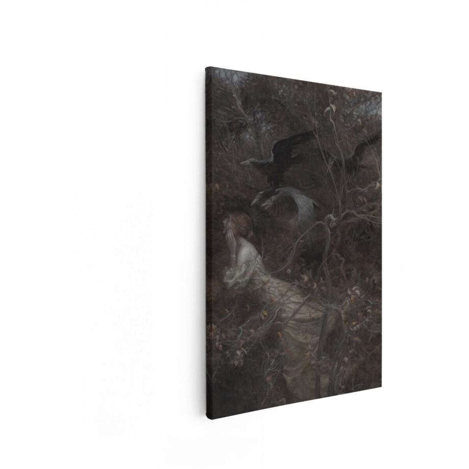 Artaza Canvas Schilderij Vrouw in Wit Gewaad Omringd door Kraaien in een Donker Bos - 80x120 cm - Groot - Wanddecoratie Woonkamer - Schilderijen - Muurdecoratie afbeelding 1