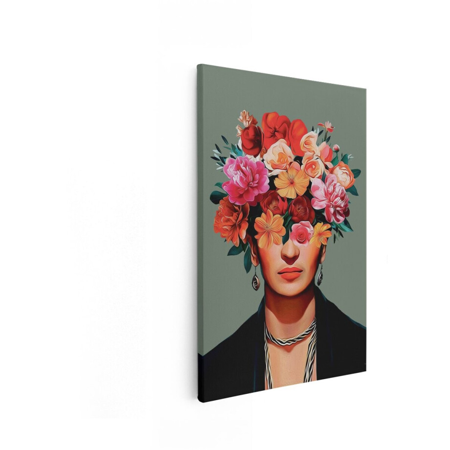 Artaza Canvas Schilderij Vrouw met Bloemenkroon en Opvallende Sieraden - Geïnspireerd door Frida Kahlo - 40x60 cm - Wanddecoratie Woonkamer - Schilderijen - Muurdecoratie afbeelding 1