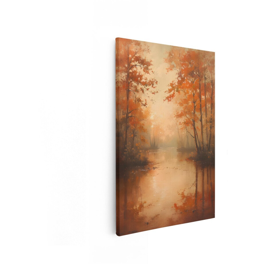 Artaza Canvas Schilderij Herfst Landschap - 40x60 cm - Wanddecoratie Natuur - Muurdecoratie Bos - Decoratie Bomen Rivier - Oranje afbeelding 1