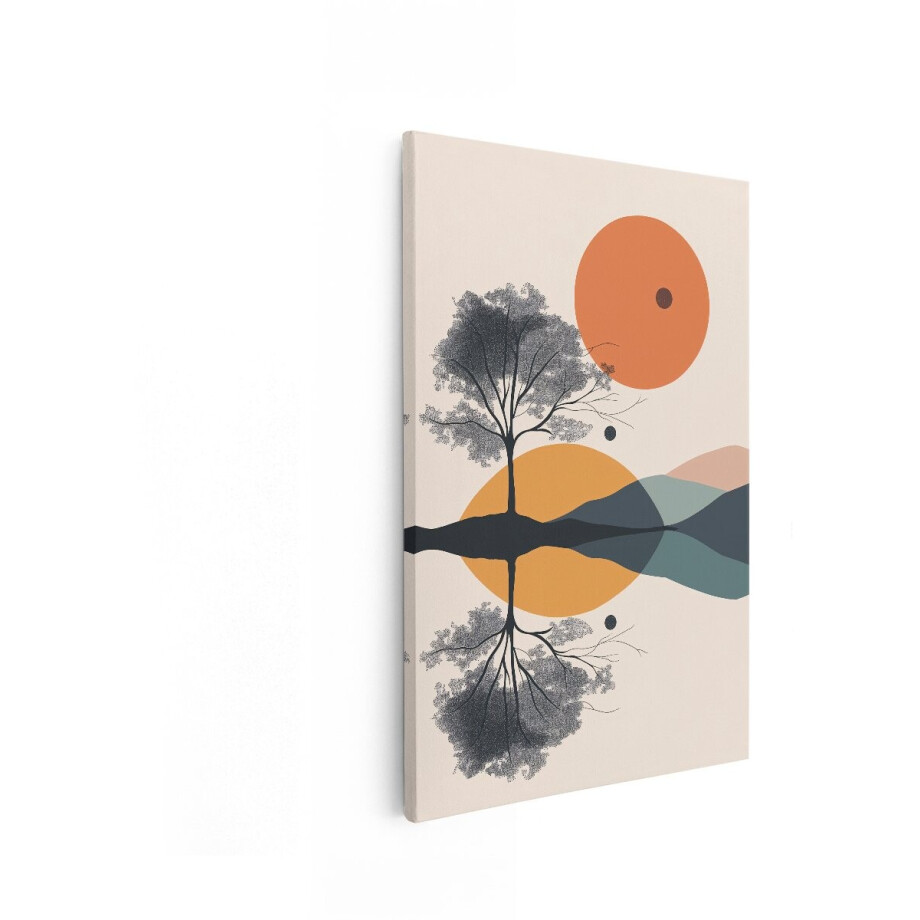 Artaza Canvas Schilderij Abstract - 40x60 cm - Wanddecoratie Boho - Muurdecoratie Boom Reflectie - Decoratie Landschap Zon afbeelding 1