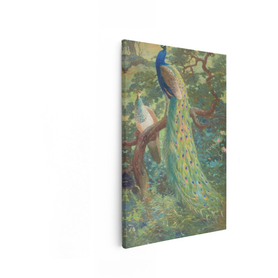Artaza Canvas Schilderij Twee Pauwen Zitten op een Boomtak in een Weelderige - Groene Bosrijke Omgeving - 60x90 cm - Wanddecoratie Woonkamer - Schilderijen - Muurdecoratie afbeelding 1