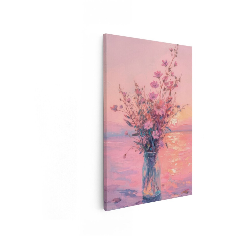 Artaza Canvas Schilderij Bloemen - 80x120 cm - Wanddecoratie Boeket Wilde Bloemen - Muurdecoratie Zonsondergang Zee - Roze afbeelding 1