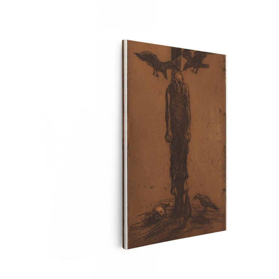 Artaza Canvas Schilderij Griezelige Ets van een Opgehangen Figuur met Kraaien en een Schedel op de Grond - 80x120 cm - Groot - Wanddecoratie Woonkamer - Schilderijen - Muurdecoratie afbeelding 1