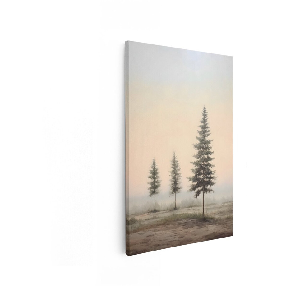 Artaza Canvas Schilderij Drie Dennenbomen in de Mist bij Zonsopgang met Zachte Pastelkleuren - 80x120 cm - Groot - Wanddecoratie Woonkamer - Schilderijen - Muurdecoratie afbeelding 1