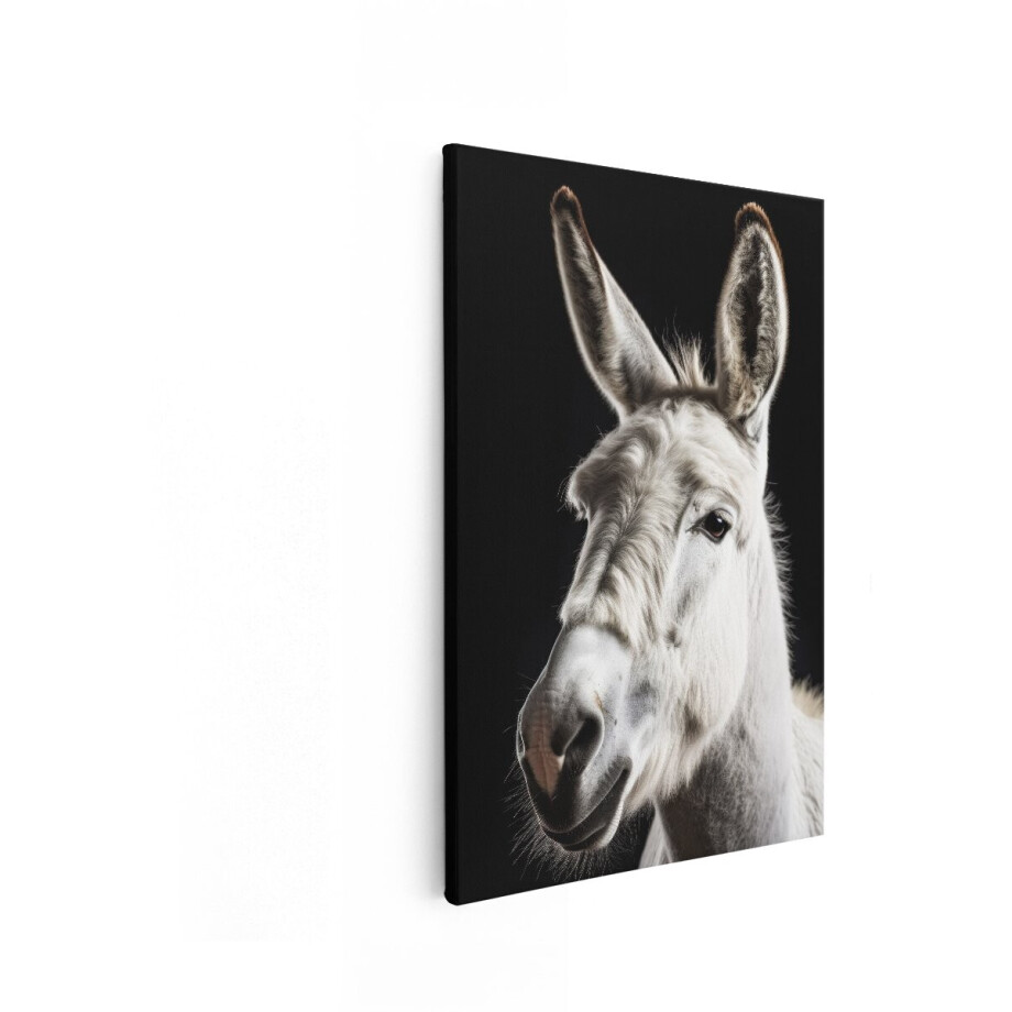 Artaza Canvas Schilderij Portret van een Witte Ezel met Lange Oren tegen een Zwarte Achtergrond - 80x120 cm - Groot - Wanddecoratie Woonkamer - Schilderijen - Muurdecoratie afbeelding 1