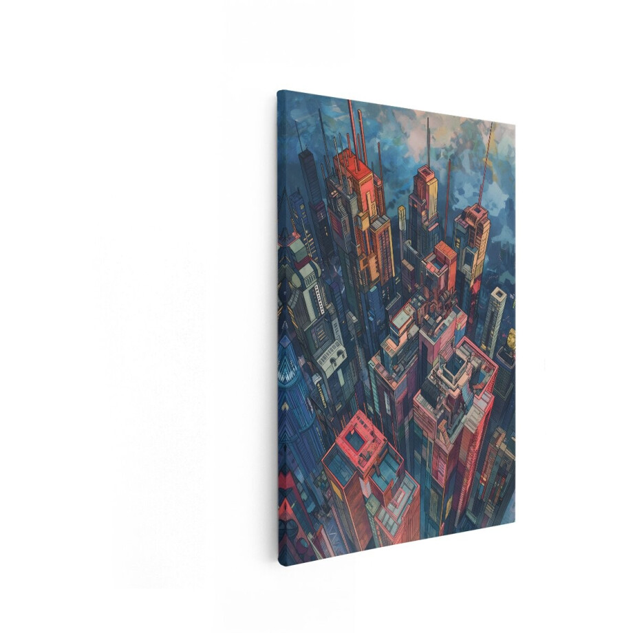 Artaza Canvas Schilderij Gedetailleerde Illustratie van een Futuristische Stad met Hoge Gebouwen bij Zonsondergang - 60x90 cm - Wanddecoratie Woonkamer - Schilderijen - Muurdecoratie afbeelding 1