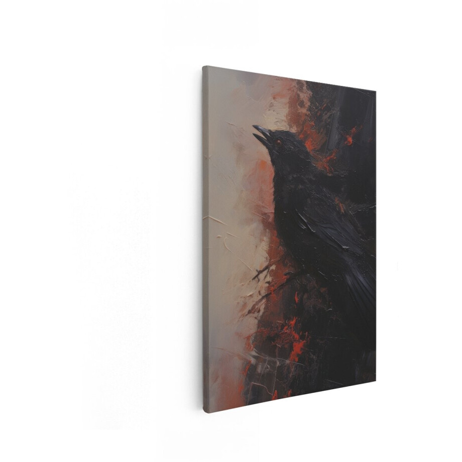 Artaza Canvas Schilderij Kraai - 60x90 cm - Wanddecoratie Abstract - Muurdecoratie Vogels - Decoratie Zwart Rood - Schilderijen Op Canvas afbeelding 1