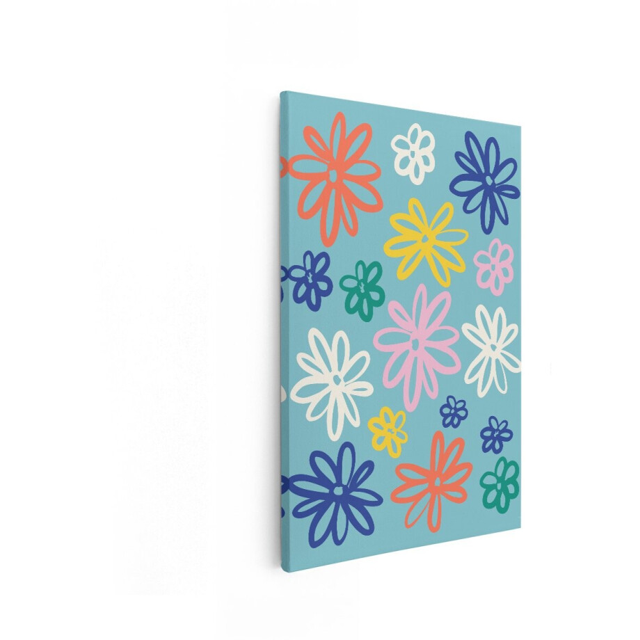 Artaza Canvas Schilderij Vrolijke Bloemenprint met Heldere Kleuren op een Blauwe Achtergrond - 20x30 cm - Klein - Wanddecoratie Woonkamer - Schilderijen - Muurdecoratie afbeelding 1