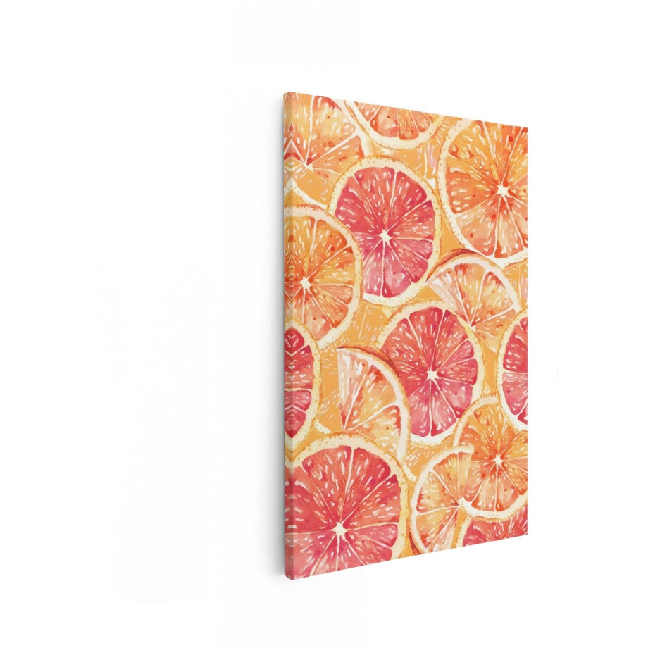 Artaza Canvas Schilderij Levendige Aquarel Citrusvruchten - Sinaasappel en Grapefruit Plakjes op Oranje Achtergrond - 60x90 cm - Wanddecoratie Woonkamer - Schilderijen - Muurdecoratie afbeelding 1