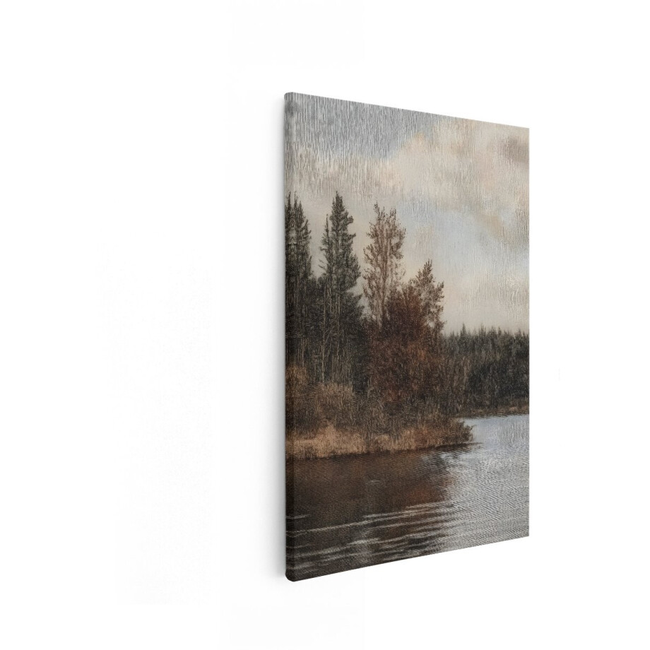 Artaza Canvas Schilderij Schilderij van een Rustig meer met Bomen aan de Oever en een Bewolkte Hemel - 40x60 cm - Wanddecoratie Woonkamer - Schilderijen - Muurdecoratie afbeelding 1