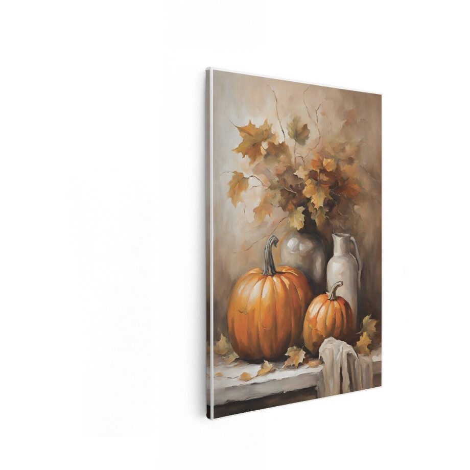 Artaza Canvas Schilderij Herfst Stilleven - 20x30 cm - Wanddecoratie Pompoenen - Muurdecoratie Bladeren - Schilderijen Op Canvas Vaas afbeelding 1