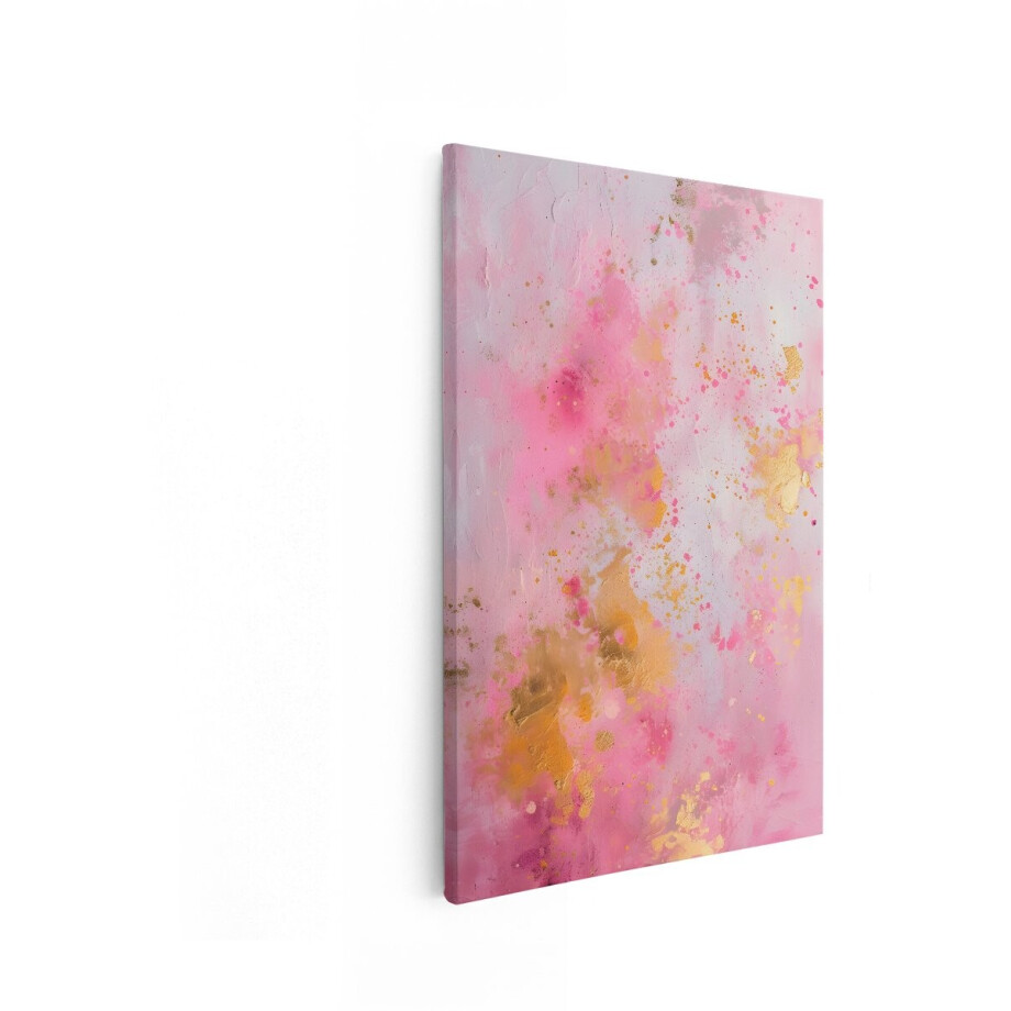 Artaza Canvas Schilderij Abstract - 60x90 cm - Wanddecoratie Goud - Muurdecoratie Modern - Decoratie Roze Verfspatten afbeelding 1