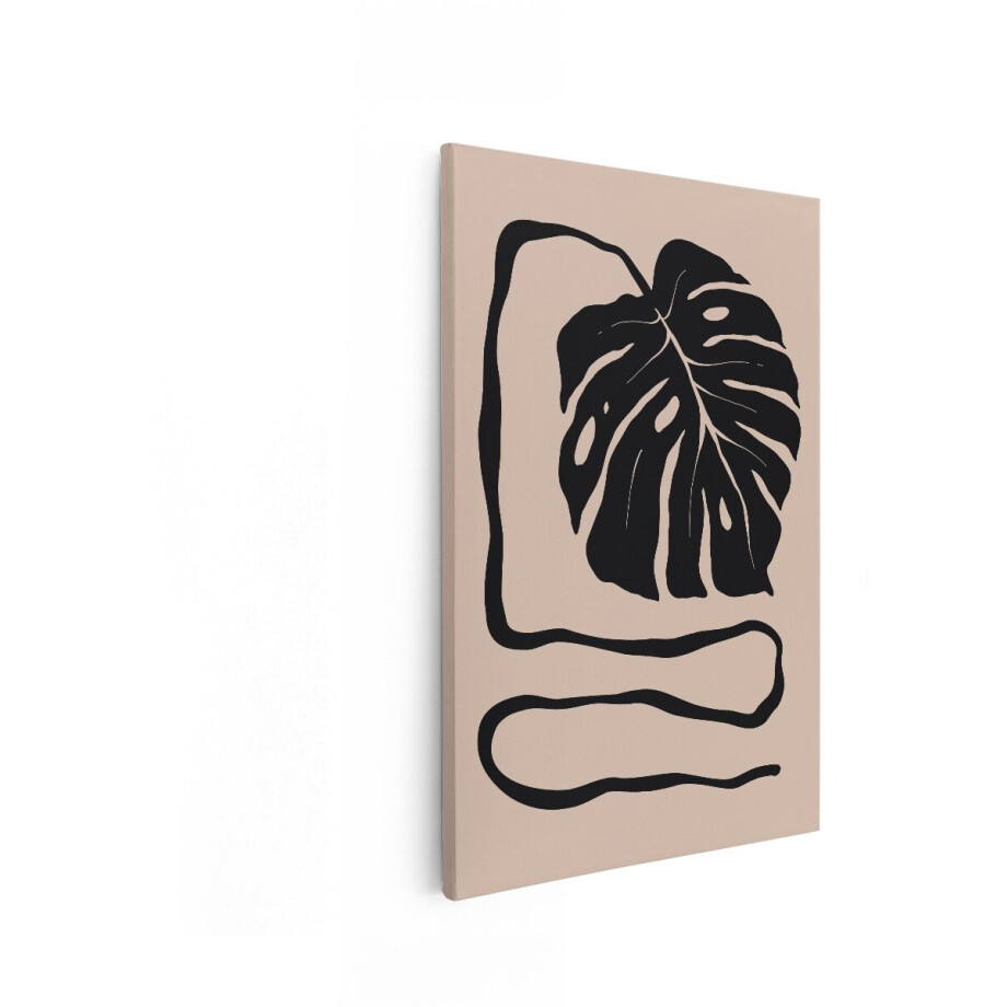 Artaza Canvas Schilderij Minimalistische Monstera Blad Illustratie met een Vloeiende Lijn op Beige Achtergrond - 40x60 cm - Wanddecoratie Woonkamer - Schilderijen - Muurdecoratie afbeelding 1