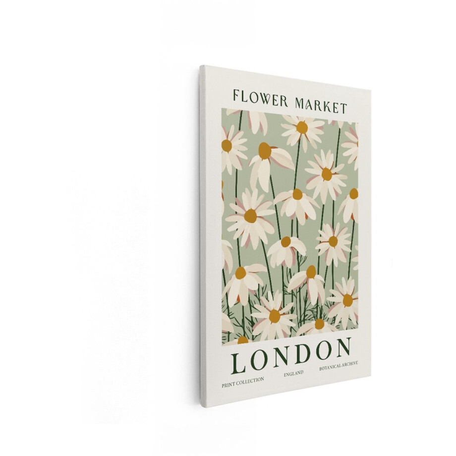 Artaza Canvas Schilderij Bloemenmarkt Poster met Madeliefjes en de Tekst London - 60x90 cm - Wanddecoratie Woonkamer - Schilderijen - Muurdecoratie afbeelding 1