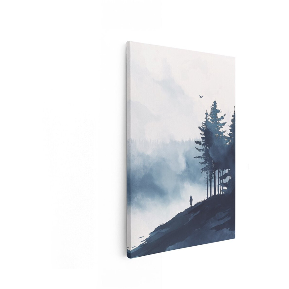 Artaza Canvas Schilderij Mistig Bos - 40x60 cm - Wanddecoratie Landschap - Muurdecoratie Natuur - Decoratie Wandelaar - Blauw afbeelding 1