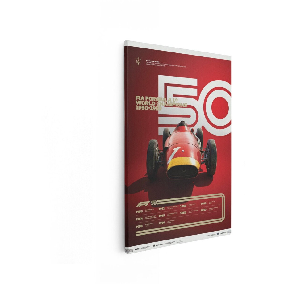 Artaza Canvas Schilderij Fia Formule 1 Wereldkampioenen 1950-1959 met Iconische Raceauto - 60x90 cm - Wanddecoratie Woonkamer - Schilderijen - Muurdecoratie afbeelding 1