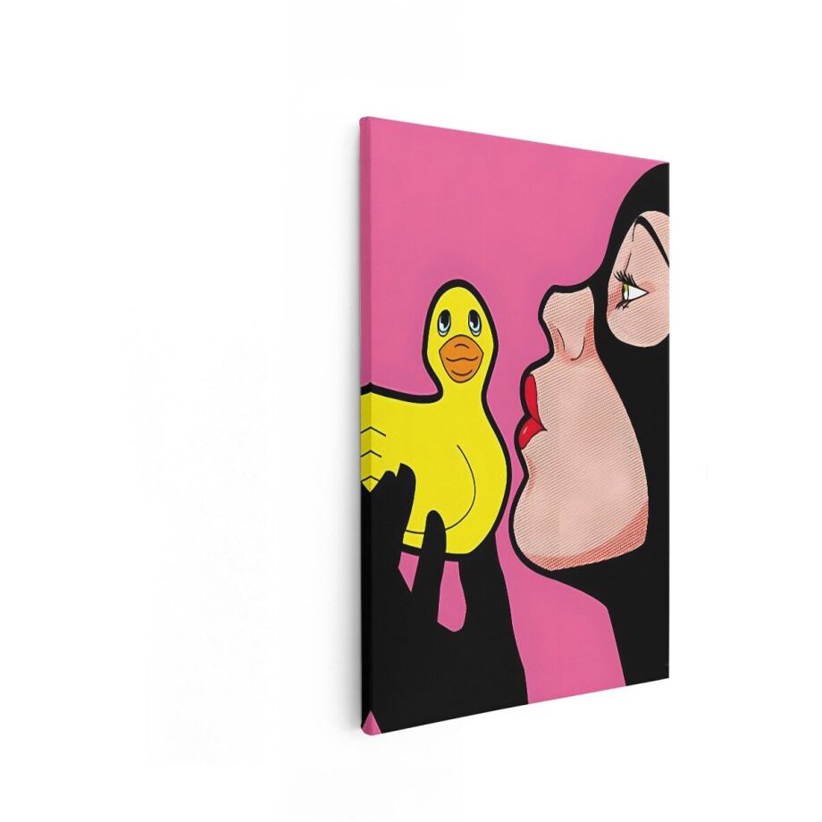 Artaza Canvas Schilderij Vrouw Met Eendje - 20x30 cm - Wanddecoratie Pop Art - Muurdecoratie Modern - Schilderijen Op Canvas Retro - Roze afbeelding 1
