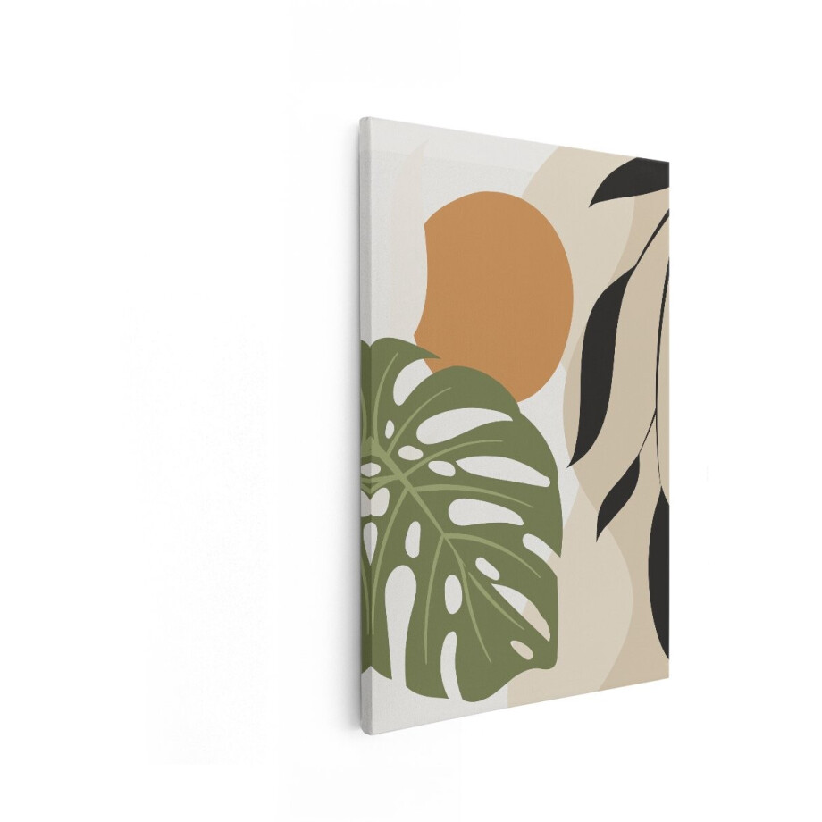 Artaza Canvas Schilderij Abstracte Tropische Bladeren met Cirkelvormige Elementen in Aardetinten - 40x60 cm - Wanddecoratie Woonkamer - Schilderijen - Muurdecoratie afbeelding 1