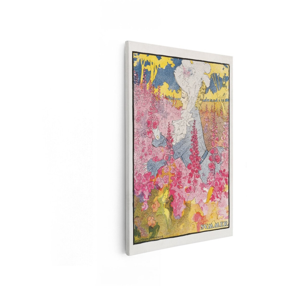 Artaza Canvas Schilderij Vrouw in Zomerjurk Geniet van Bloemenveld met Digitale Bloemen - 80x120 cm - Groot - Wanddecoratie Woonkamer - Schilderijen - Muurdecoratie afbeelding 1