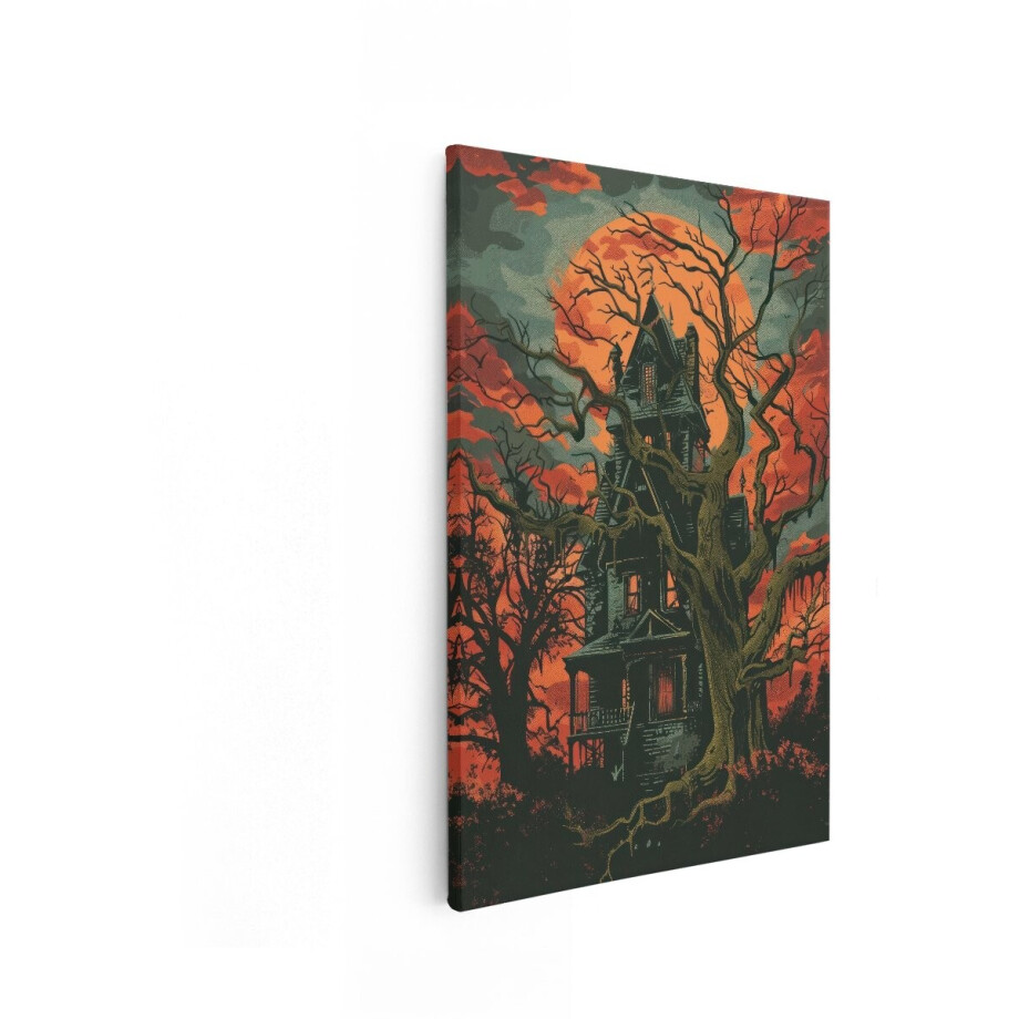 Artaza Canvas Schilderij Spookhuis met Grote Boom en Rode Maan op de Achtergrond - 20x30 cm - Klein - Wanddecoratie Woonkamer - Schilderijen - Muurdecoratie afbeelding 1