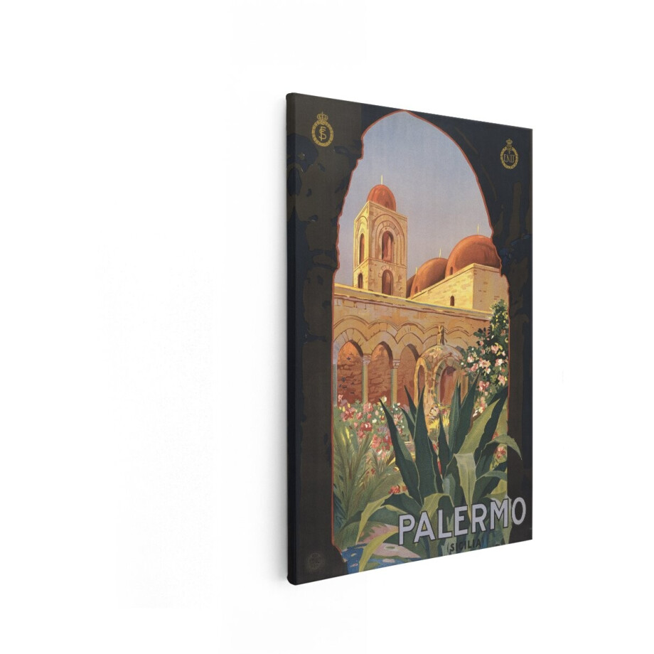Artaza Canvas Schilderij Vintage Poster van Palermo - Sicilië - met Architectuur en Weelderige Tuinen - 20x30 cm - Klein - Wanddecoratie Woonkamer - Schilderijen - Muurdecoratie afbeelding 1
