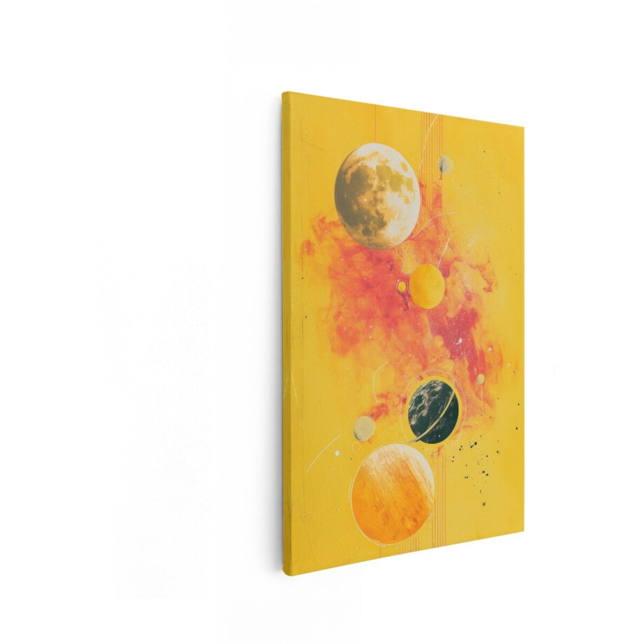 Artaza Canvas Schilderij Abstracte Ruimte met Planeten - Nevels en Sterren in Levendige Gele en Oranje Tinten - 80x120 cm - Groot - Wanddecoratie Woonkamer - Schilderijen - Muurdecoratie afbeelding 1