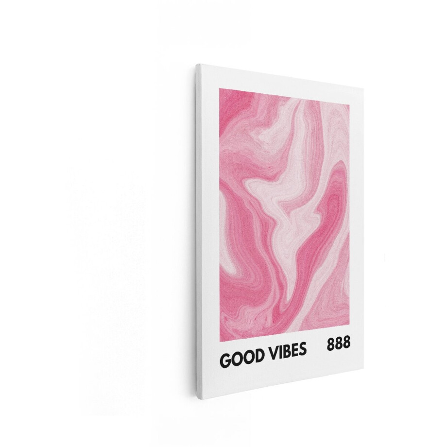 Artaza Canvas Schilderij Abstracte Roze Marmeren Textuur met Tekst "Good Vibes 888" - 80x120 cm - Groot - Wanddecoratie Woonkamer - Schilderijen - Muurdecoratie afbeelding 1