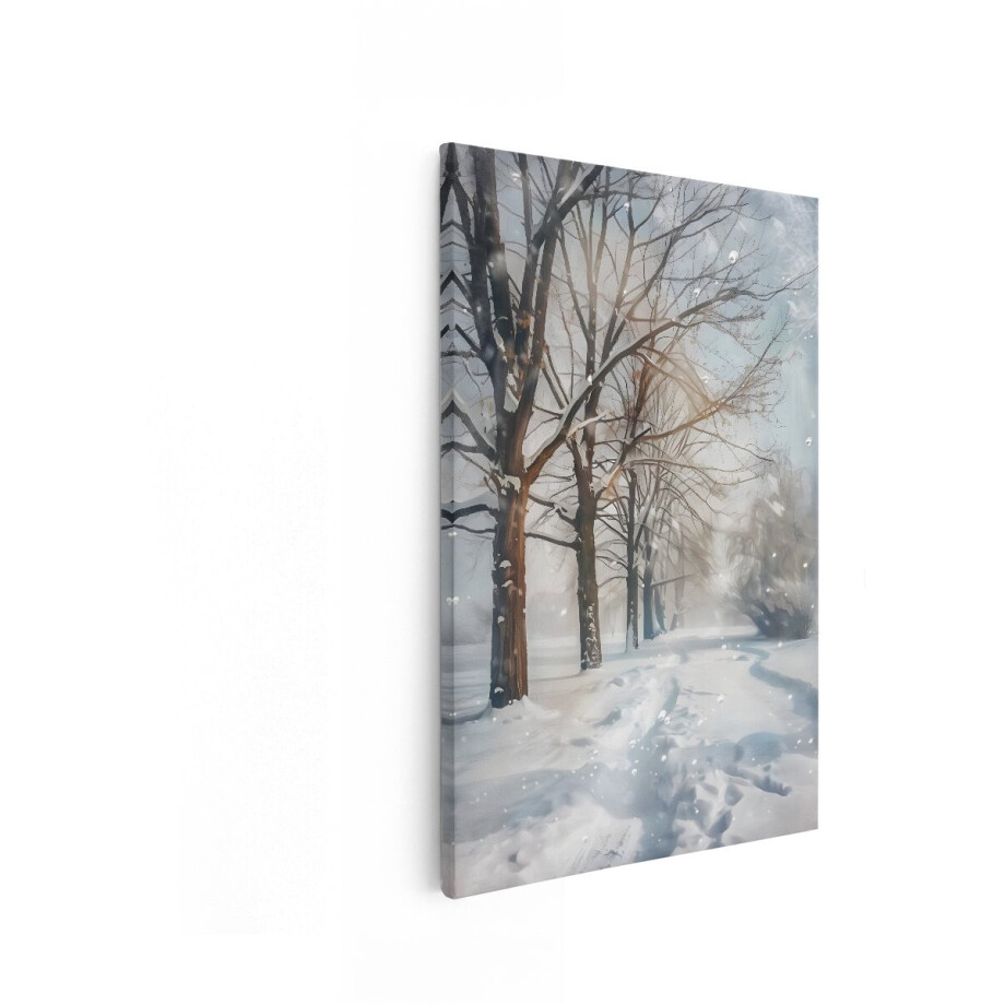 Artaza Canvas Schilderij Besneeuwde Bomen langs een Pad in een Winterse Landschap met Vallende Sneeuwvlokken - 40x60 cm - Wanddecoratie Woonkamer - Schilderijen - Muurdecoratie afbeelding 1