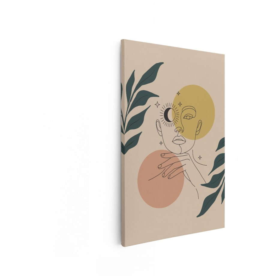 Artaza Canvas Schilderij Abstract Lijntekening van een Vrouw met Zon en Maan in haar Gezicht - 20x30 cm - Klein - Wanddecoratie Woonkamer - Schilderijen - Muurdecoratie afbeelding 1